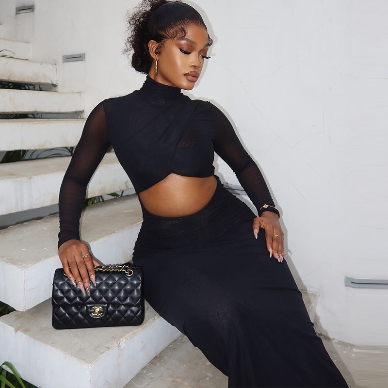Casual Solid Color Long Sleeve Dress With Sheer Mesh Inserts