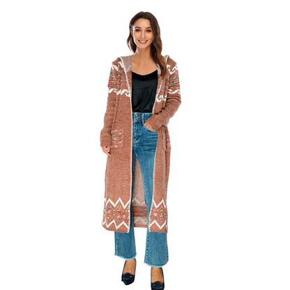 Bohemian National Style Cardigan Sweater Color Knit Flower Knit Sweater New Sweater Long Coat