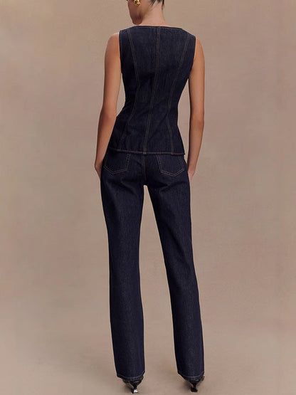 Modern Flavored Button High-Waist Denim Top and Pants Set