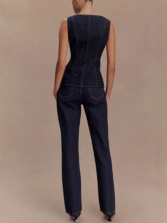 Modern Flavored Button High-Waist Denim Top and Pants Set