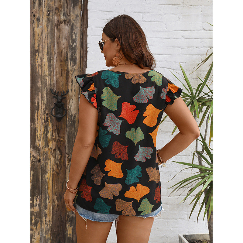 Fashionable V-Neck Flutter Sleeve Shirt Casual Printed Top