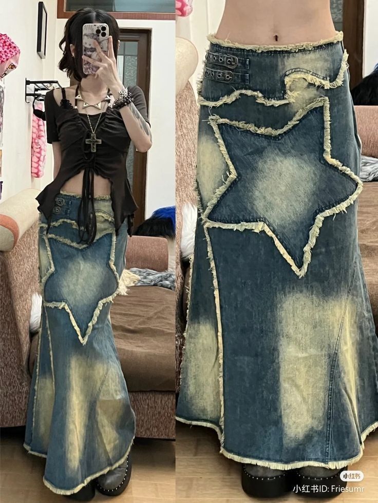 Old Vintage Washed Denim Skirt For Women