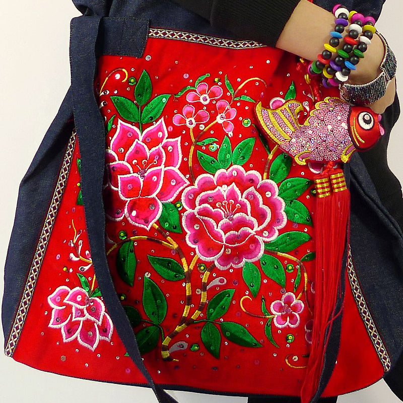 Original Tibetan Style Ethnic Style Embroidery Bag Vintage High Capacity Travel Denim One Shoulder Large Bag Women'S Bag