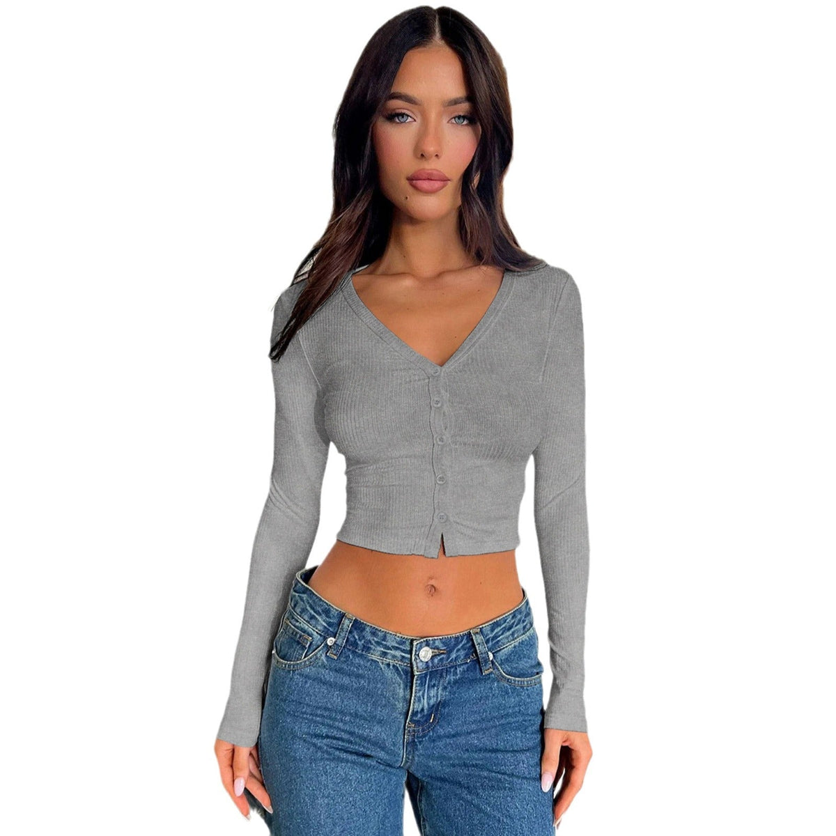 Button-Detail Ribbed Cardigan Casual V-Neck Long Sleeve Top