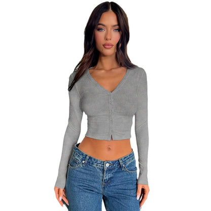 Button-Detail Ribbed Cardigan Casual V-Neck Long Sleeve Top