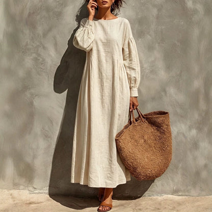 Linen Round Neck Balloon Sleeve Side Gather Midi Tent Dress