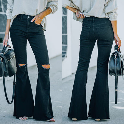 High-Waisted Washed Flare Jeans Trendy Casual Pants