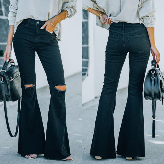 High-Waisted Washed Flare Jeans Trendy Casual Pants