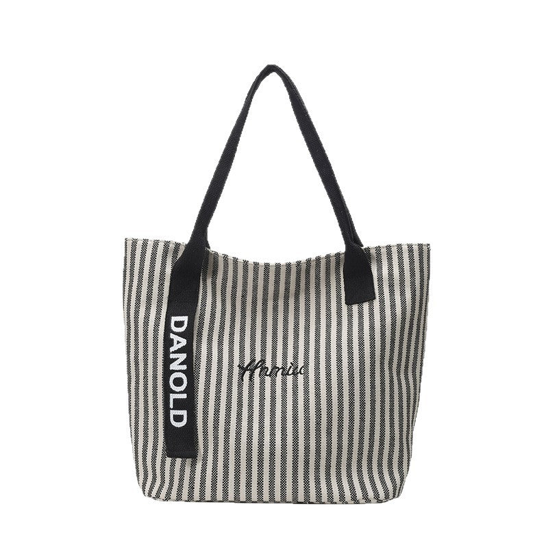 Stylish Stripe Canvas Tote Bag Large Capacity Casual Commuter Bag