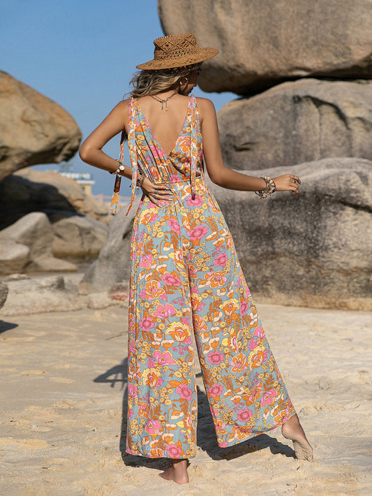 Bohemian Style Suspender Printed Jumpsuit With Backless Jumpsuit