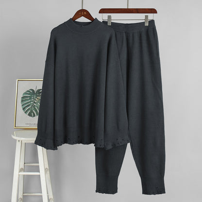 Ripped Sweater Set Women's Casual Knit Pants And Round Neck Sweater