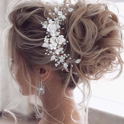 White Soft Clay Flower Headband with Silver Alloy Leaves for Weddings