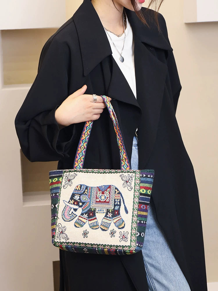 Tote Bag Women'S Bag Going Out Canvas Bag Double-Sided Casual Embroidery Large-Capacity Handbag Ethnic Style Small Square Bag