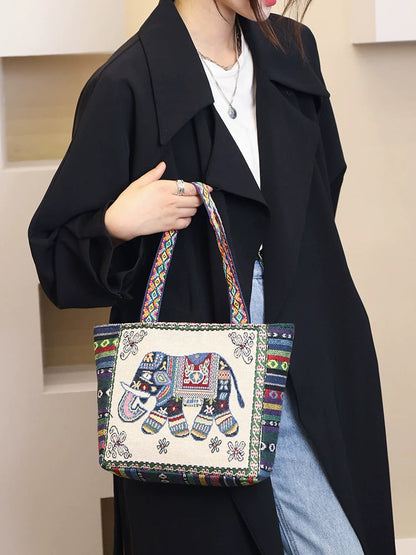 Tote Bag Women'S Bag Going Out Canvas Bag Double-Sided Casual Embroidery Large-Capacity Handbag Ethnic Style Small Square Bag