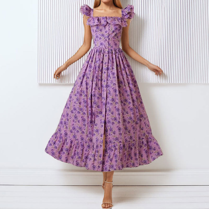 French Floral High-Waisted A-Line Dress with Flutter Sleeves