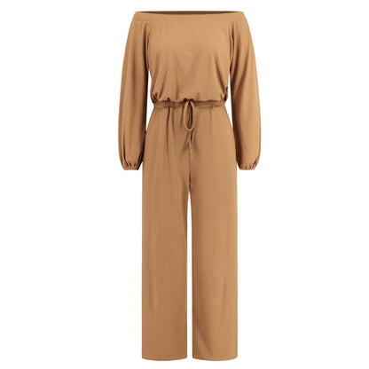 Women'S Autumn And Winter New Casual One Shoulder Long Sleeved Waist Trimming Jumpsuit With Tie Up Wide Leg Pants
