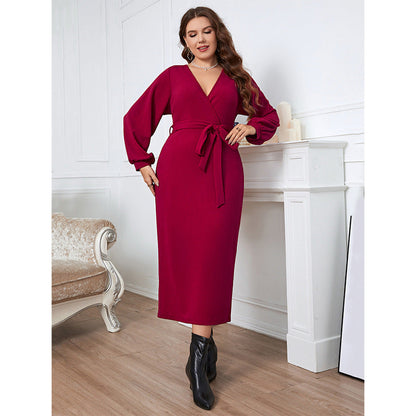 Burgundy Long Sleeve V-Neck Midi Dress