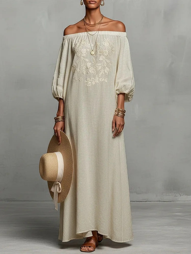 Linen Off Shoulder Floral Embroidery Balloon Sleeve Maxi Dress