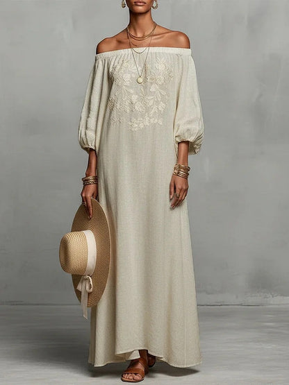 Linen Off Shoulder Floral Embroidery Balloon Sleeve Maxi Dress