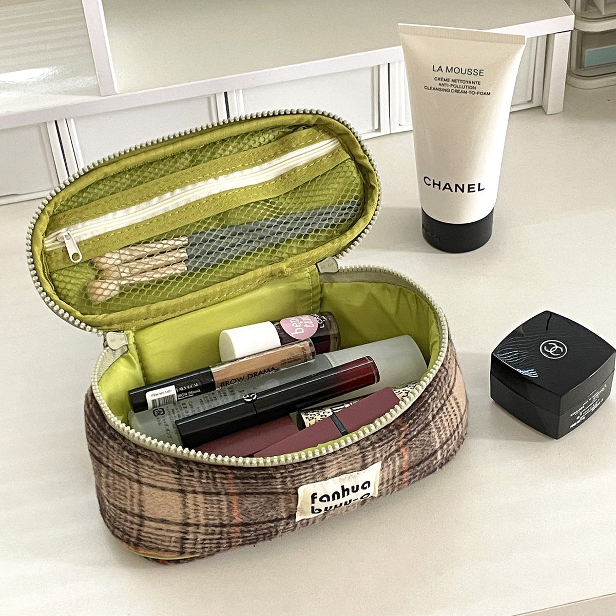 Color Block Woolen Makeup Bag Large Capacity Travel Portable Storage Pouch