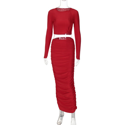 Stylish Long Sleeve Crop Top and High-Waisted Skirt Set