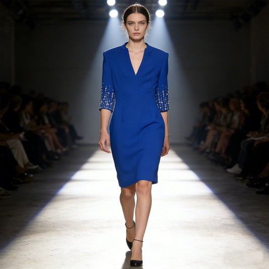 V-Neck Knee-Length Dress With Beaded Details For Parties