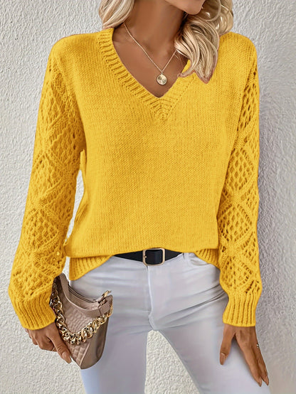 Spring And Autumn Knitted Sweater, Women'S Clothing Temperament V-Neck Hollow Long-Sleeved Solid Color Casual Top