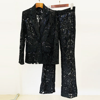 Elegant Embroidered Sequin Blazer And Trousers Set