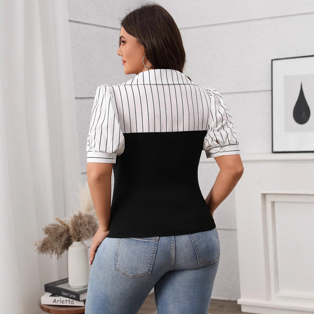 Striped Casual Short Sleeve Top Lightweight Polyester