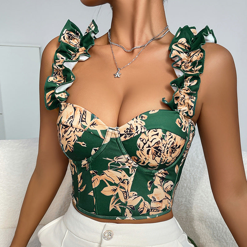 Sexy Floral Print V-Neck Crop Top With Padding