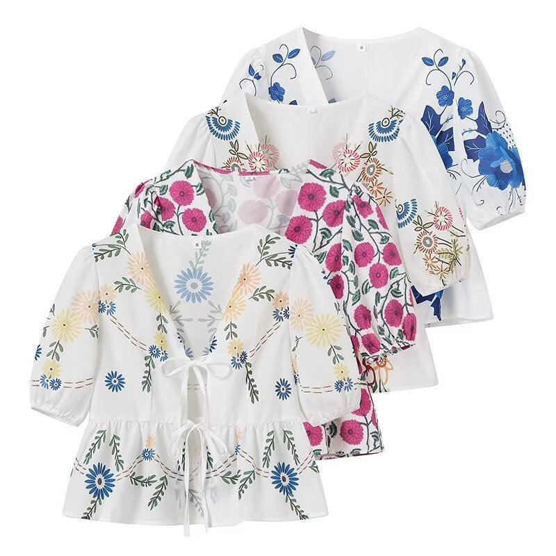 Trendy Flower Printed Tie Front Crop Top