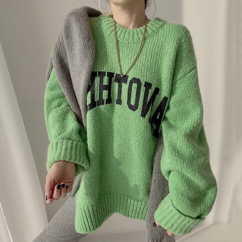Fall Letter Print Round Neck Oversized Knit Sweater
