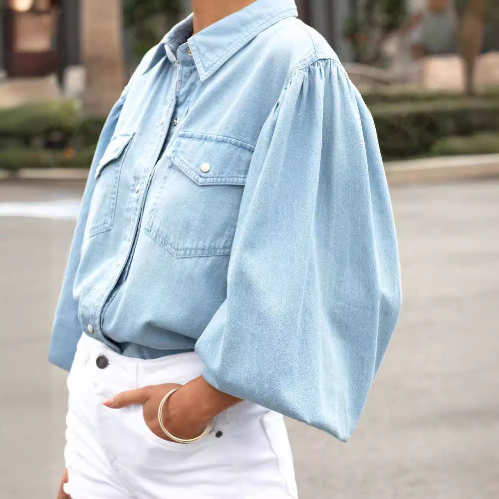Womens Casual Denim Shirt with Puff Sleeves