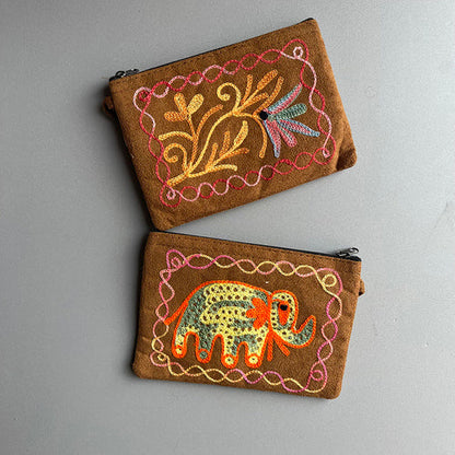 Nepali Hand-Embroidered Suede Ethnic Style Mini Coin Purse Pocket Card Bag Short Fabric Coin Bag