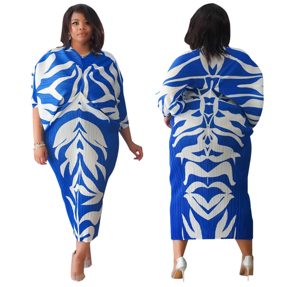 Fashion Batwing Sleeve Printed V-Neck Dress