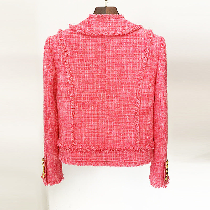 Fashionable Beaded Brooch Jacket with Fringe Wool Blend