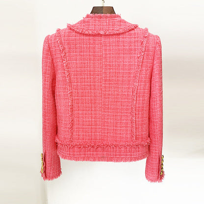 Fashionable Beaded Brooch Jacket with Fringe Wool Blend