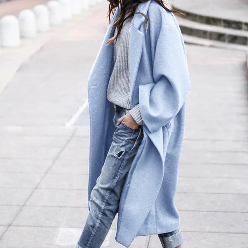 Classic Long Solid Color Wool Blend Coat For Women