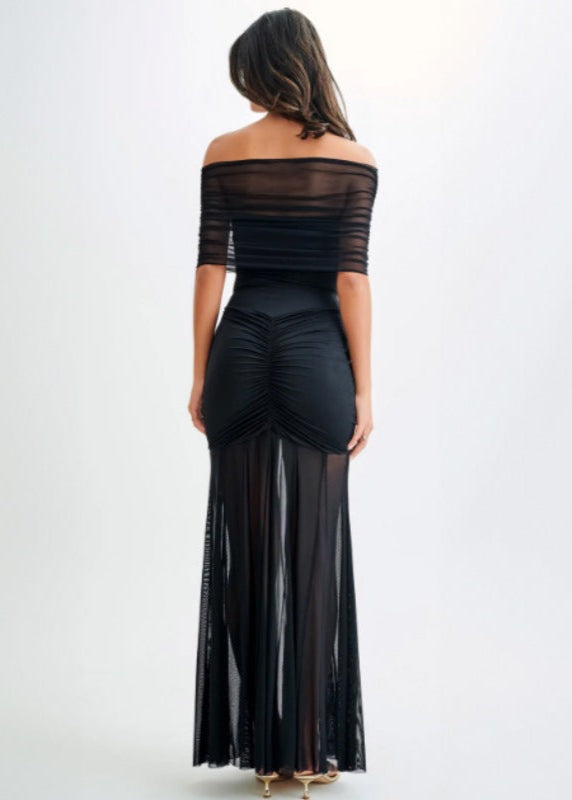 Sheer Mesh Off Shoulder Gown With Ruched Detailing
