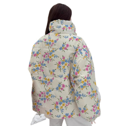 Floral Print Stand Collar Zipper Cotton Padded Jacket