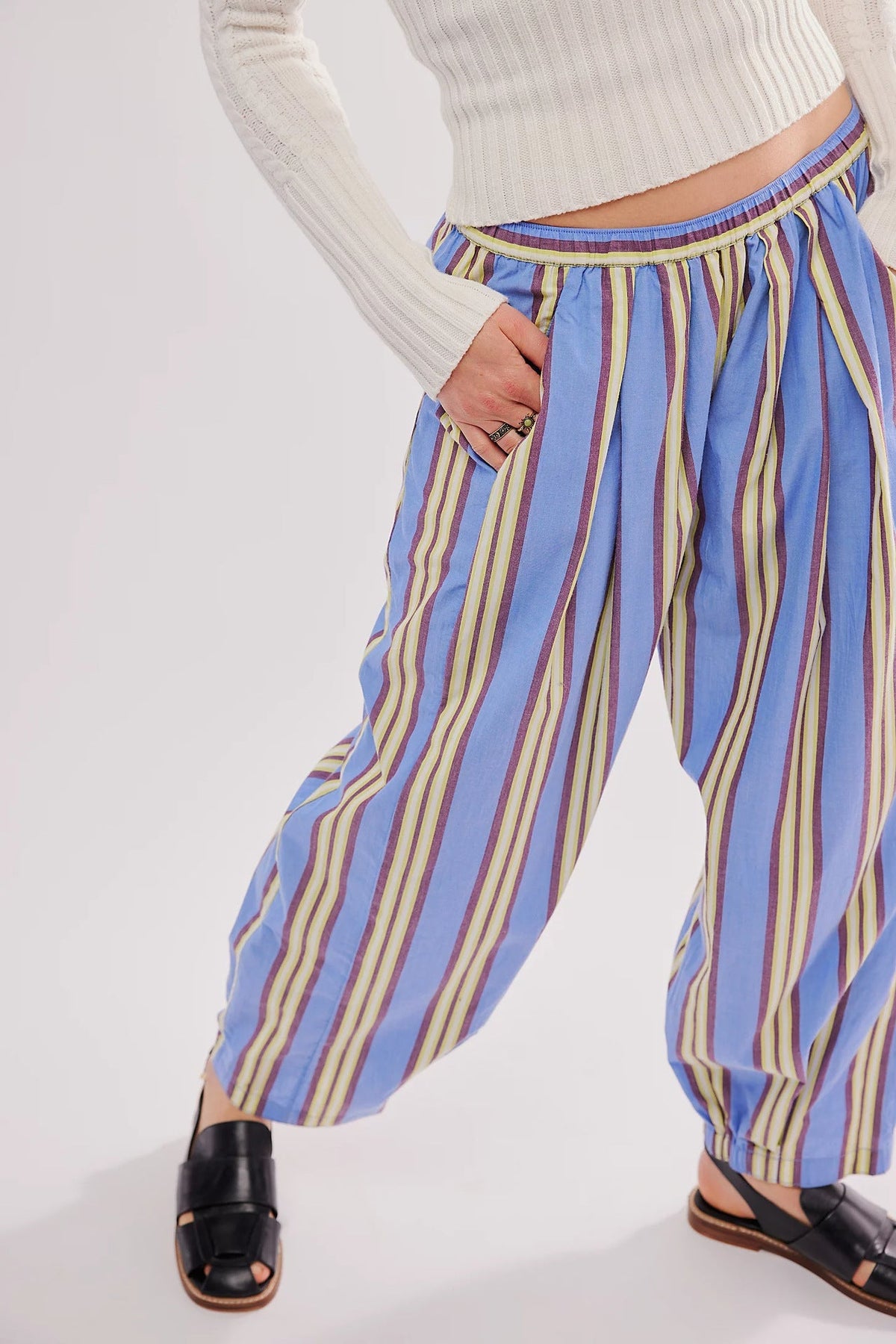 Casual Elastic Waist Color Block Striped  Pants