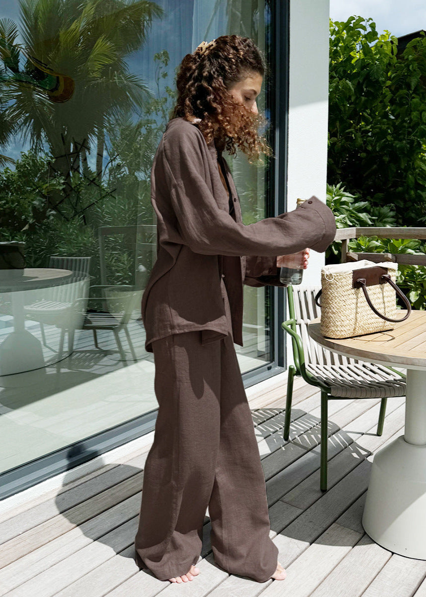 Lounge Shirt And Wide Leg Pants Set Brown White