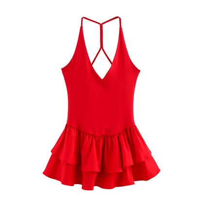 Trendy Solid Color Ruffle Hem Halter Dress