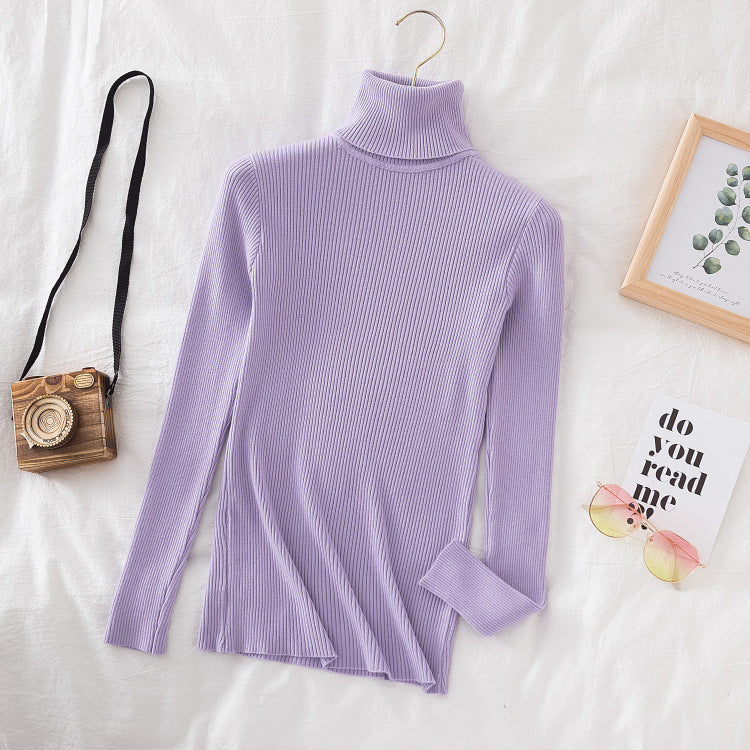 Long Sleeve High Neck Solid Color Sweater Comfortable Casual Wear