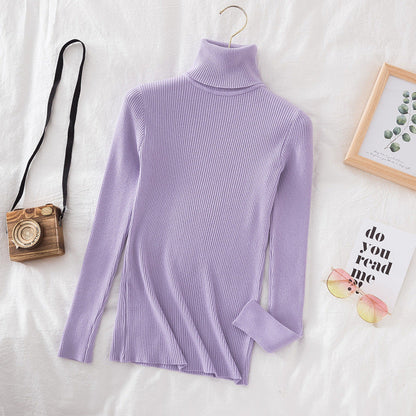 Long Sleeve High Neck Solid Color Sweater Comfortable Casual Wear