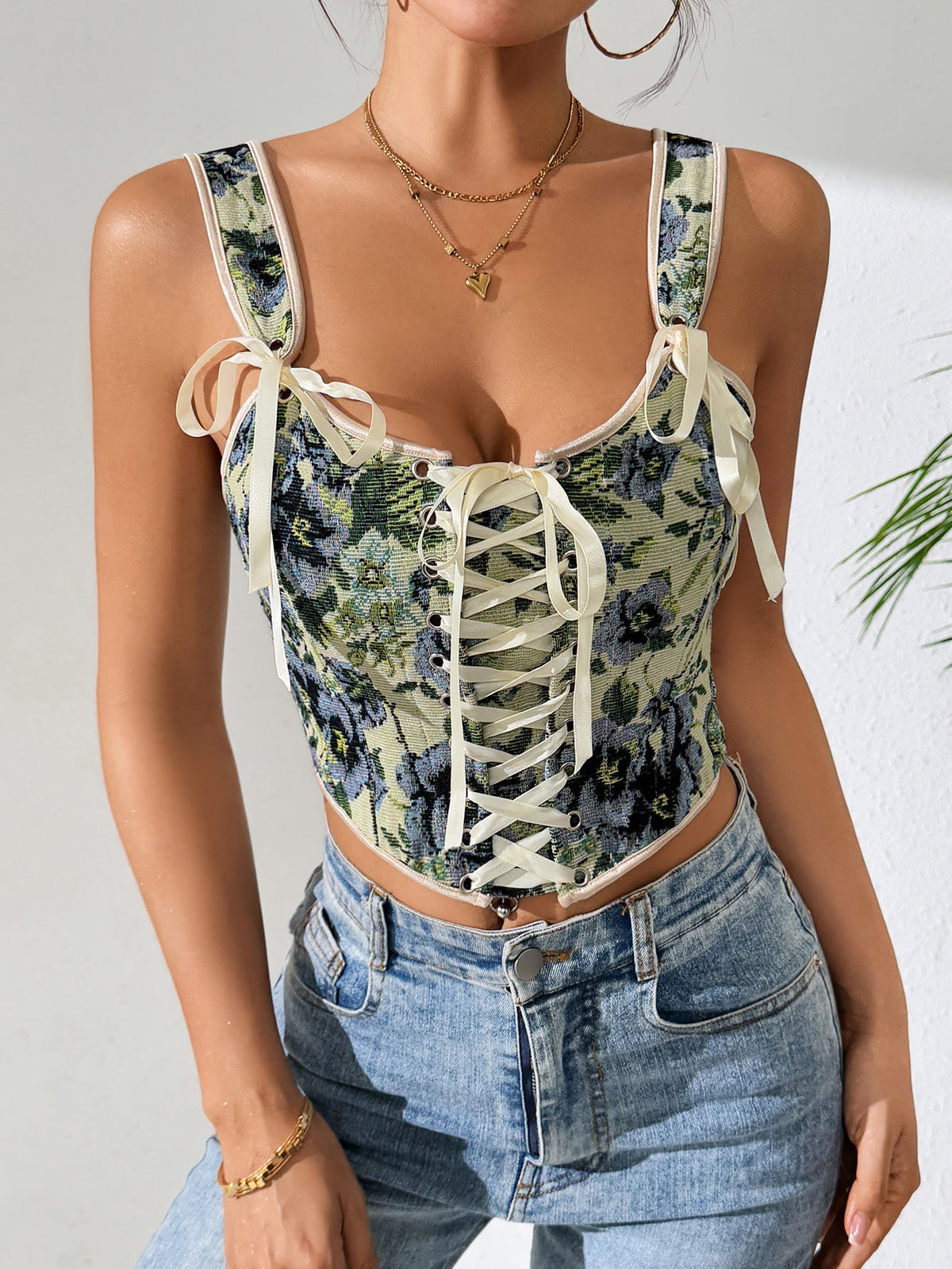 French Vintage Floral Tie-Back Sexy Tank Top
