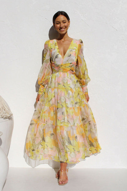 Autumn And Winter Casual Print Long Sleeves V-Neck Large Swing Dress Long Dress