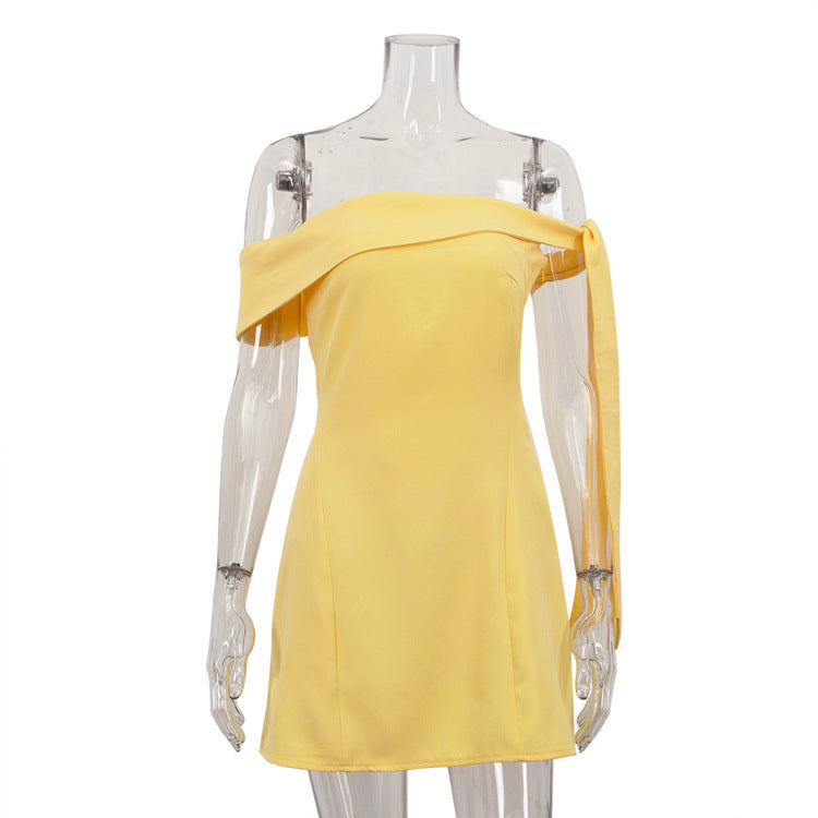 Off-Shoulder Short Mini Dress Trendy Yellow A-Line Dress