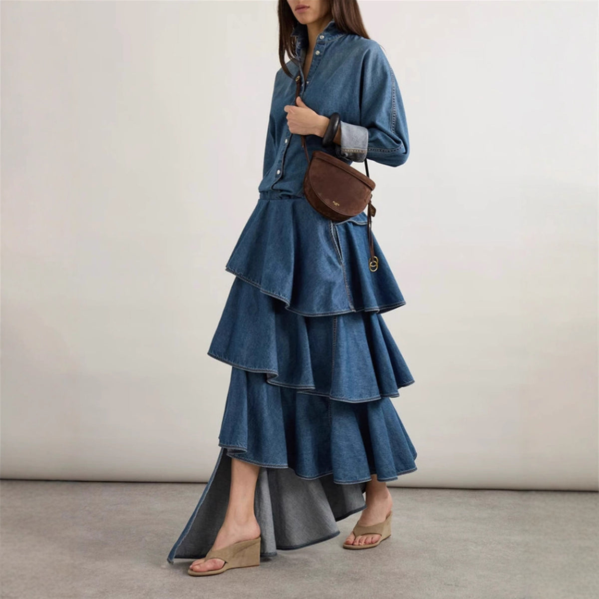 Trendy Denim Two-Piece Set With Asymmetrical Ruffled Skirt