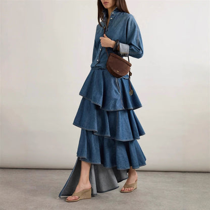 Trendy Denim Two-Piece Set With Asymmetrical Ruffled Skirt